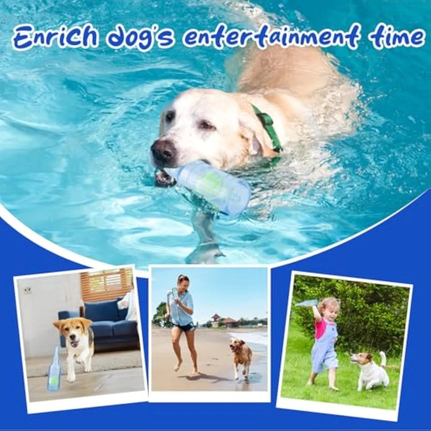Blue natural rubber water bottle dog toy with squeaker for aggressive chewing dogs