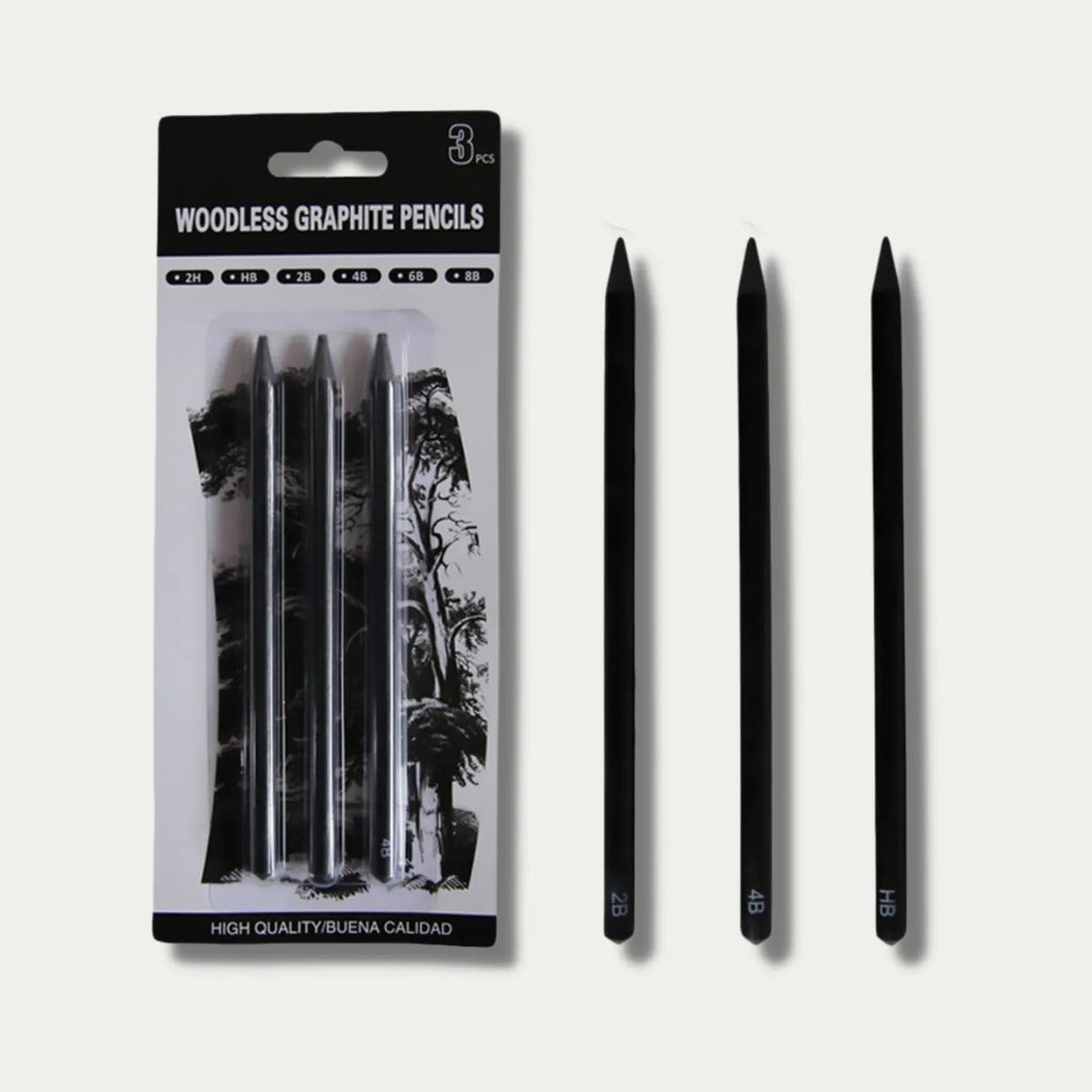 Set of wood-free graphite sketching pencils showing six different hardness grades including HB 2B 4B 6B 8B and EE