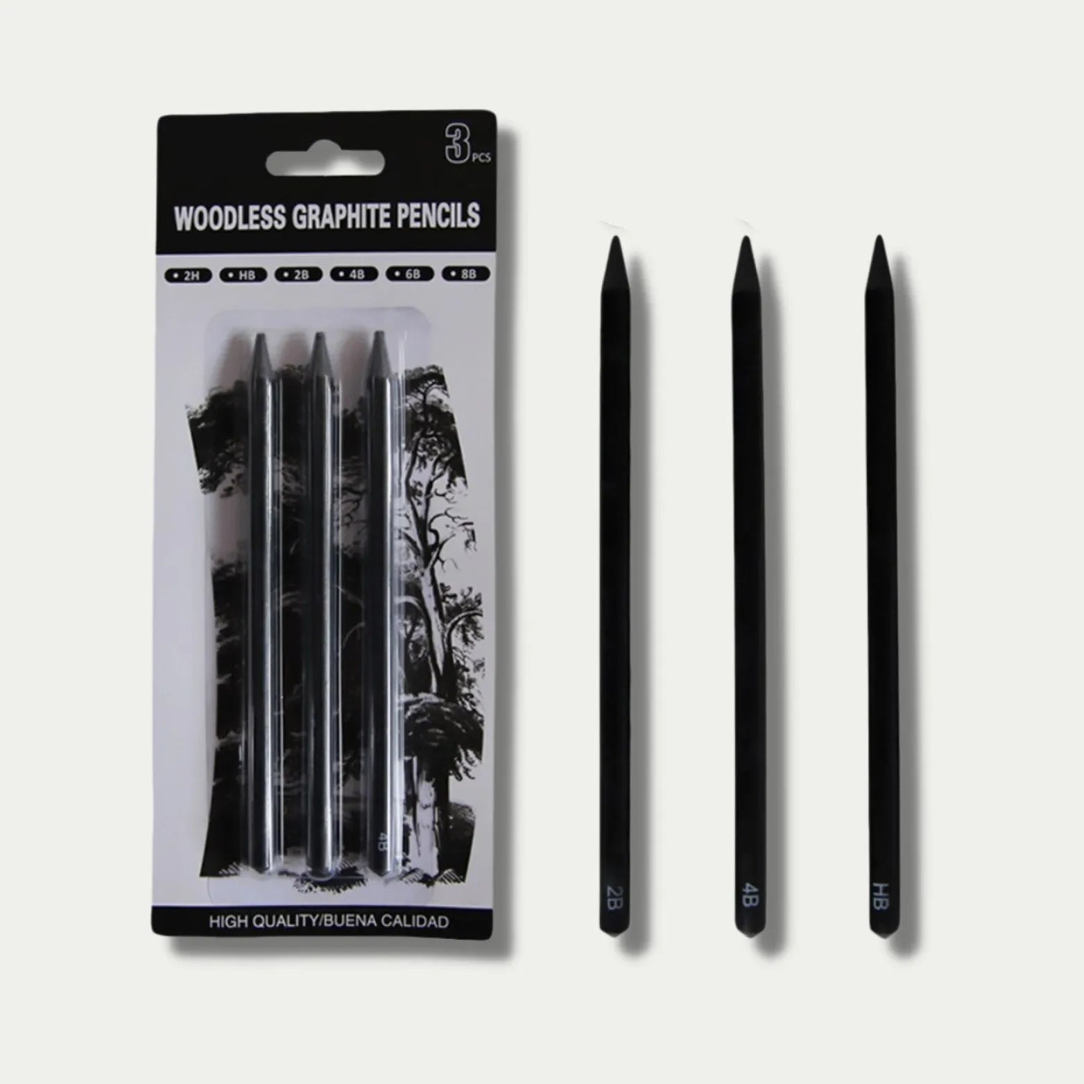 Set of wood-free graphite sketching pencils showing six different hardness grades including HB 2B 4B 6B 8B and EE