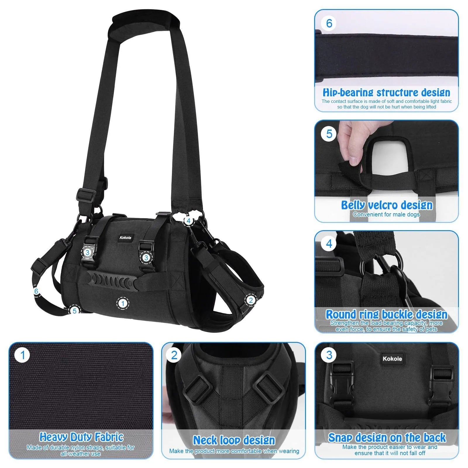 Black Oxford cloth dog rehabilitation harness with adjustable breast strap for leg support.