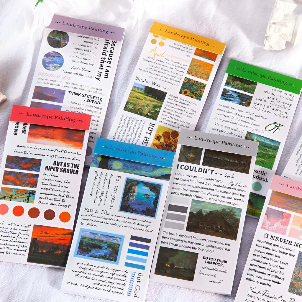 Pack of 20 rectangular paper stickers depicting famous landscape paintings measuring 60mm by 120mm.