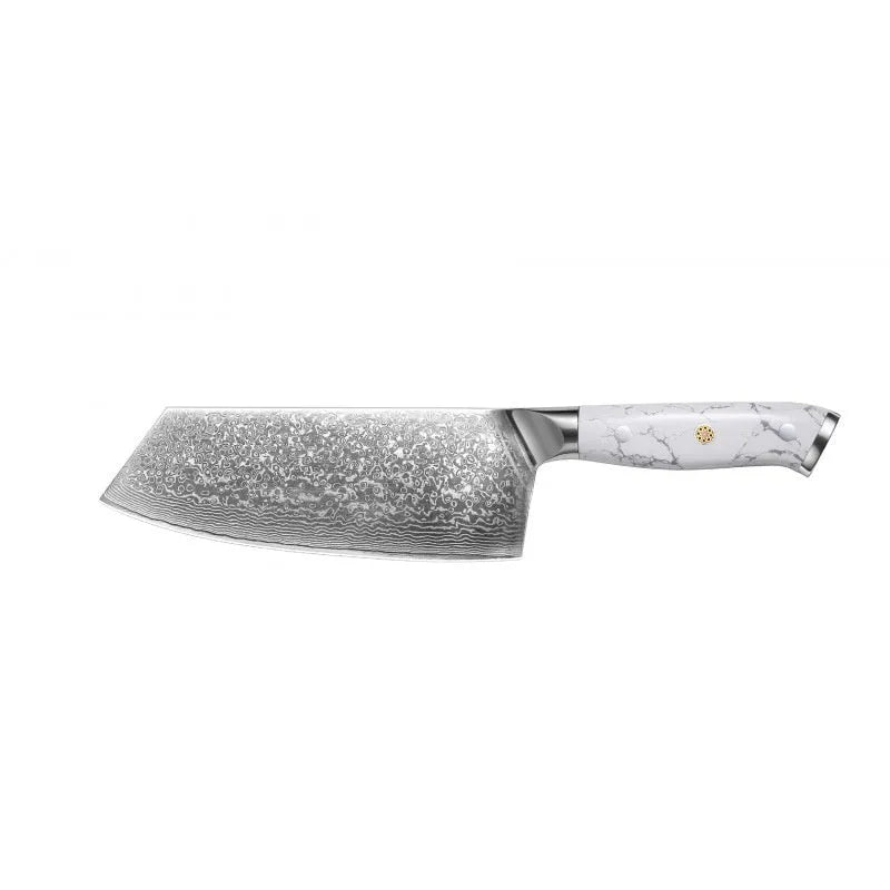 Damascus pattern chef's knife with a 21cm VG10 steel blade on a dark background.