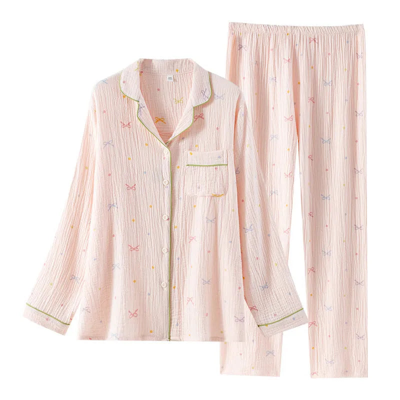 Women's cotton pajama set with long sleeves and trousers in pink colour