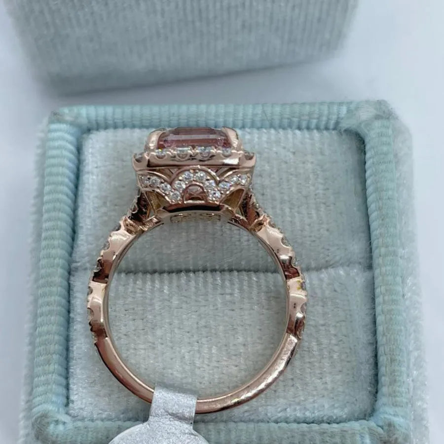 Geometric rose gold alloy ring with electroplated finish shown in various angles