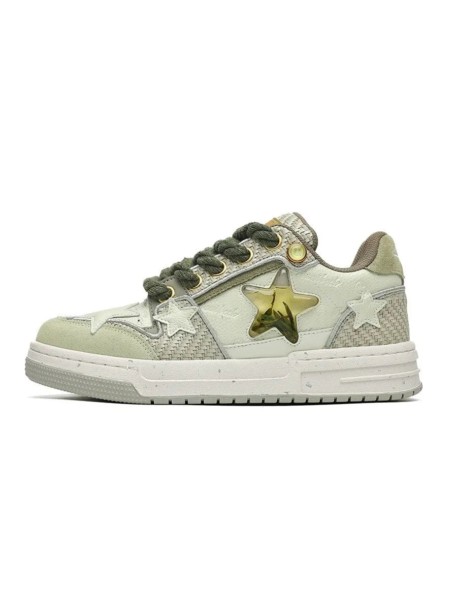 West Lake dragon well tea coloured leather platform running shoes with a round toe and lace-up front.
