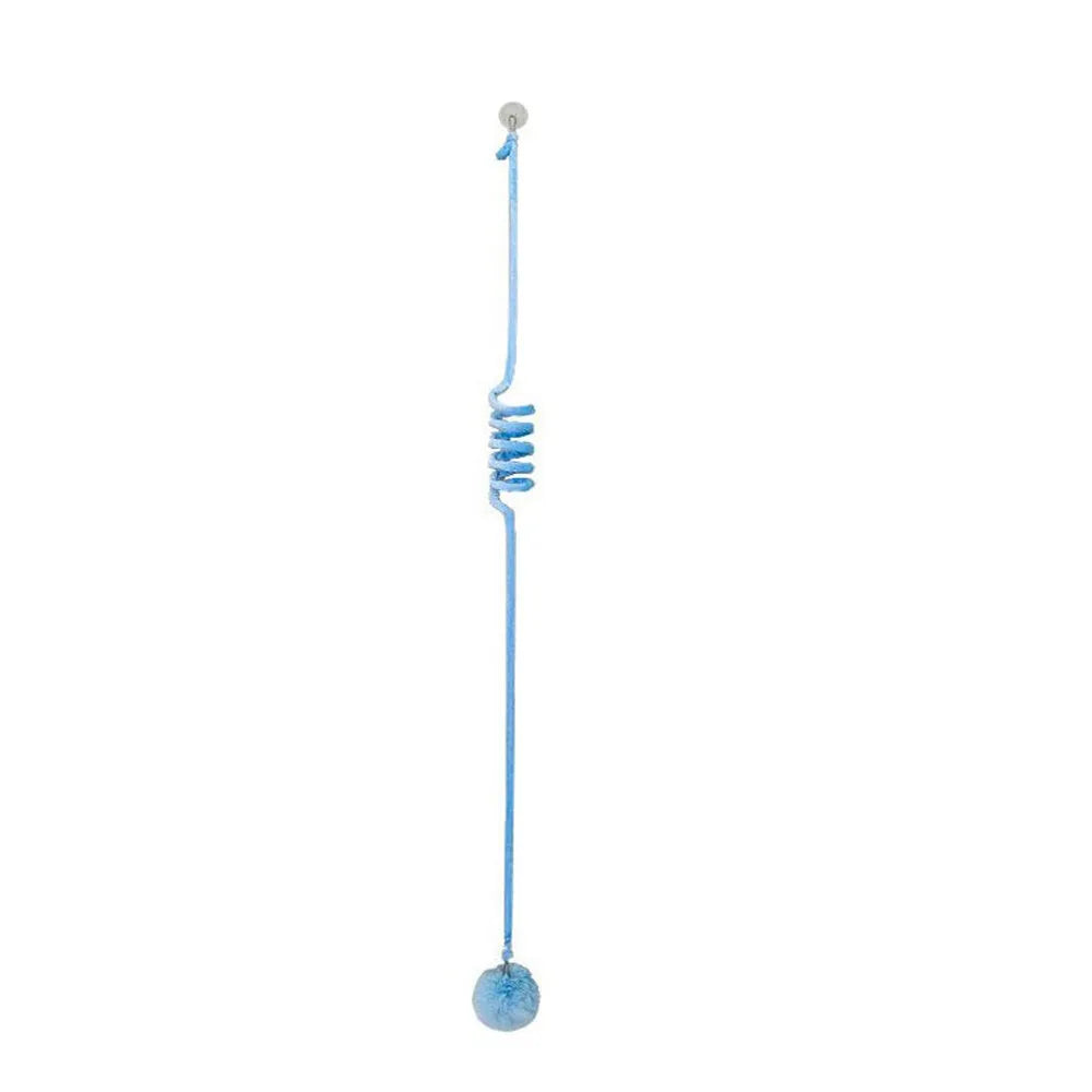 Spring cat toy with inflatable ball and bell hanging from suction cup stick in multiple colour options