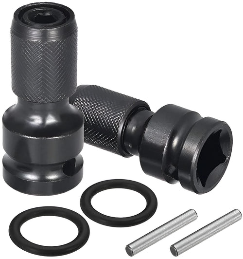 Square turn hexagonal handle telescopic scaling bit holder for electric wrenches converting between 1/4 and 1/2 inch drive sizes.