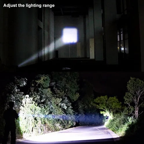 Black aluminium alloy telescopic LED flashlight with zoom adjustment and clip for portable use