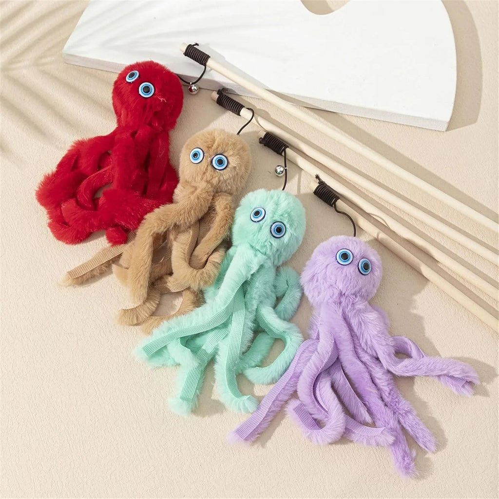 Octopus cat toy on long stick in grey pink purple red colours for indoor kittens