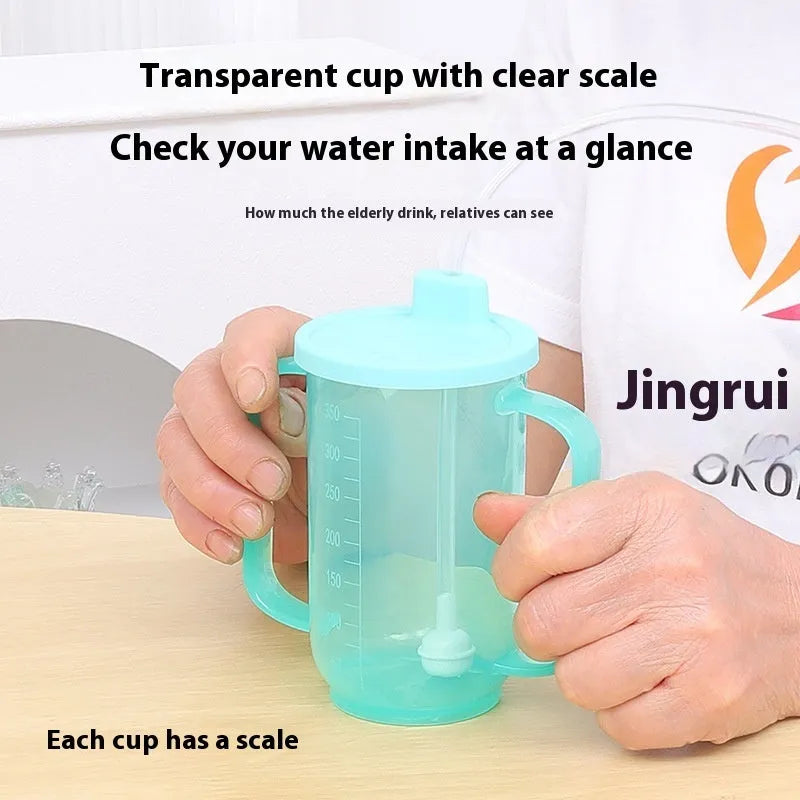 White PP plastic bedside drinking cup with slanted choke-proof spout, handle, and a blue lid