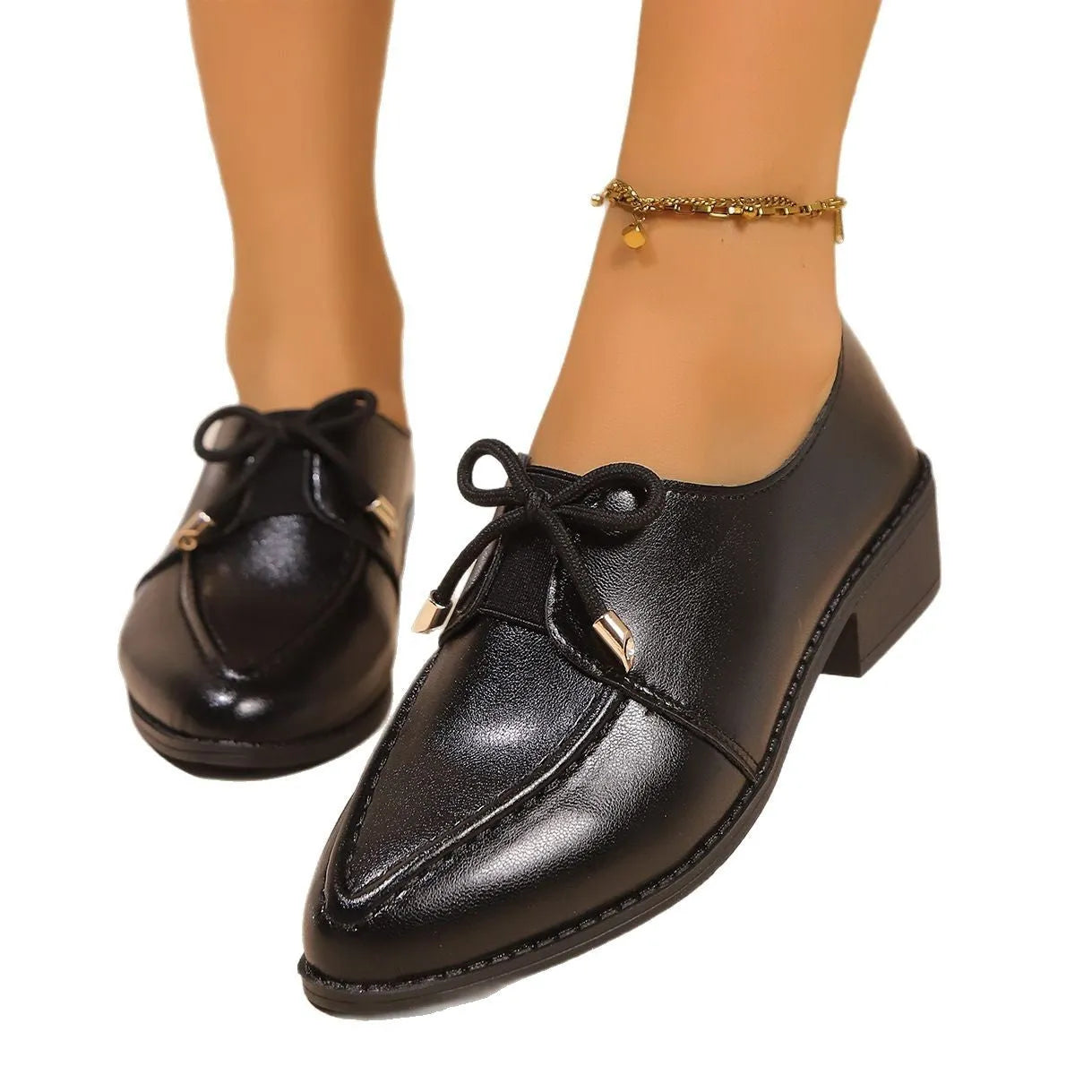 Women's British-style leather shoes with decorative bow detail in three style options