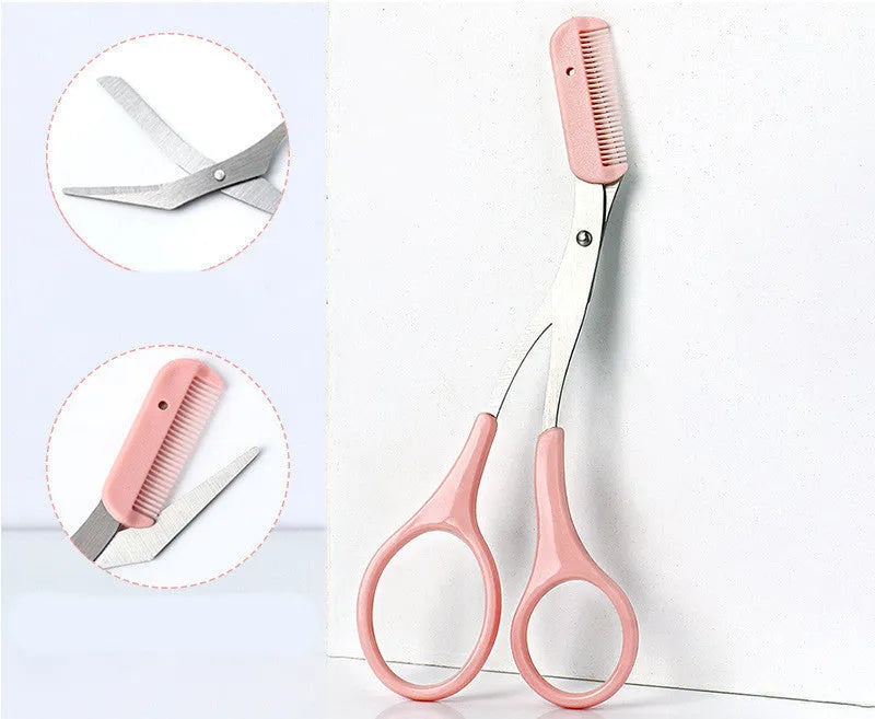 Curved moon-shaped eyebrow trimming knife with plastic handle and cutting comb for eyebrow grooming