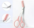 Curved moon-shaped eyebrow trimming knife with plastic handle and cutting comb for eyebrow grooming