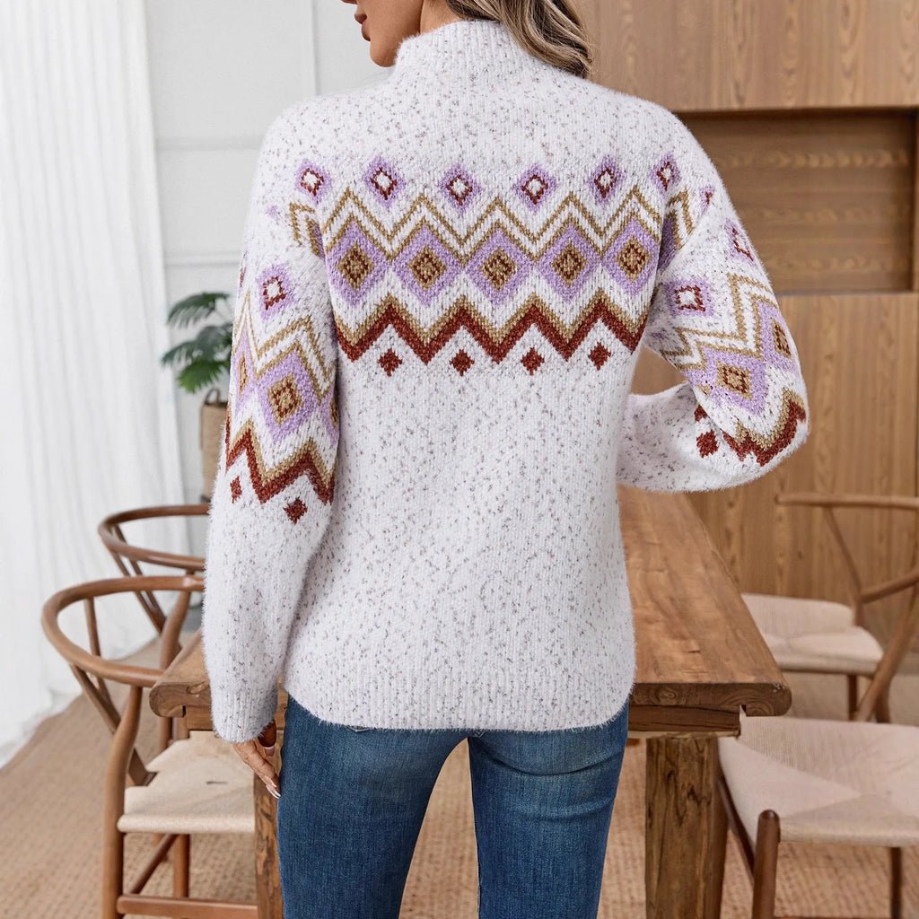 White geometric pattern loose sweater with half turtleneck and long sleeves