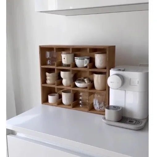 Solid wood multi-layer grid storage rack for cups and glasses in birch meridian colour