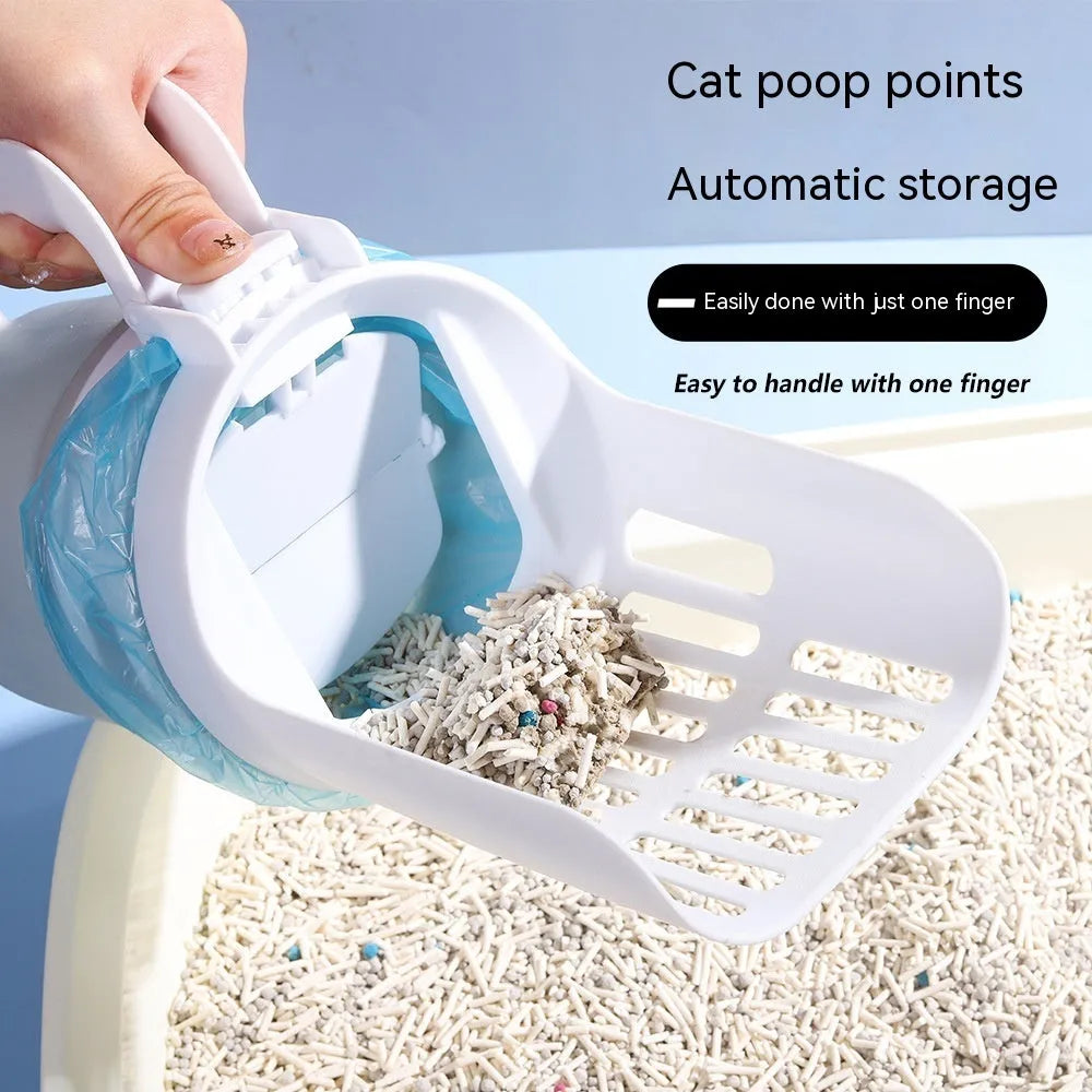 Grey cat litter scoop with refill bags showing 2-in-1 design for waste collection