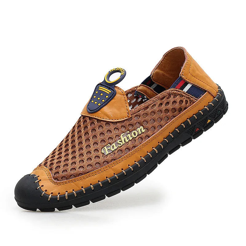 Men's brown mesh casual shoes with round toe and stitching detail