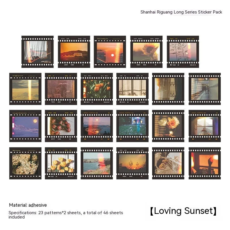Box of Nordic-themed decorative stickers showing designs like flowers, roses, and sunset scenes, each sticker 44mm square.