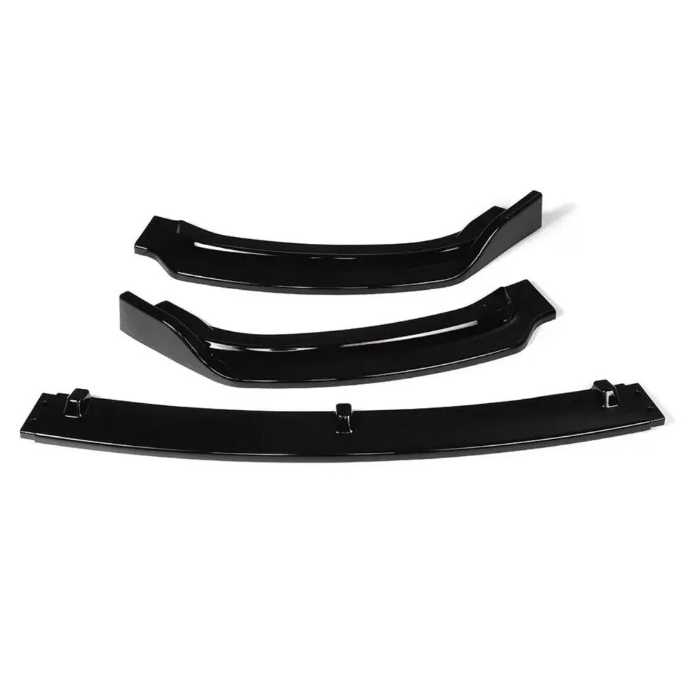 Bright black polypropylene front bumper lip for BMW F30 F35 3 Series showing 3-piece construction