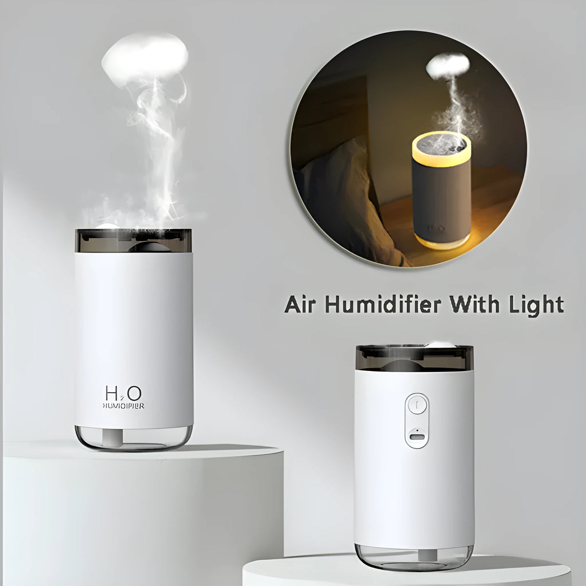 White USB jellyfish humidifier with warm night light on a table