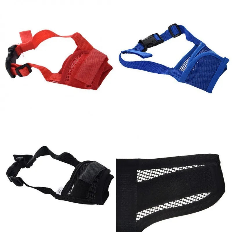 A black adjustable plastic dog muzzle shown on a size chart with options for red, blue, pink, and purple.