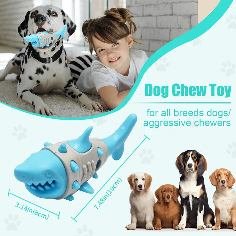 Blue, grey, and yellow dog teething toy with shark-tooth cleaning mimicry design