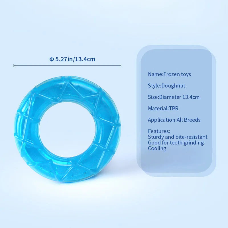 Set of three silicone dog toys: a blue pacifier, a red popsicle, and a green ring for water filling and freezing.