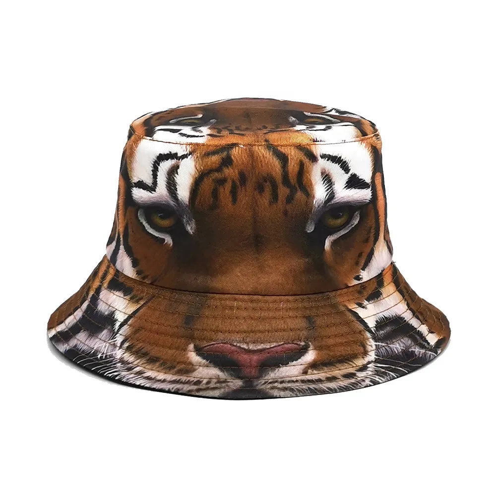 Tiger pattern bucket hat with dome crown in polyester fabric, khaki or black colour options