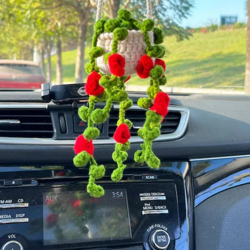 Green and white knitted wool car plant decoration hanging from 25cm white rope