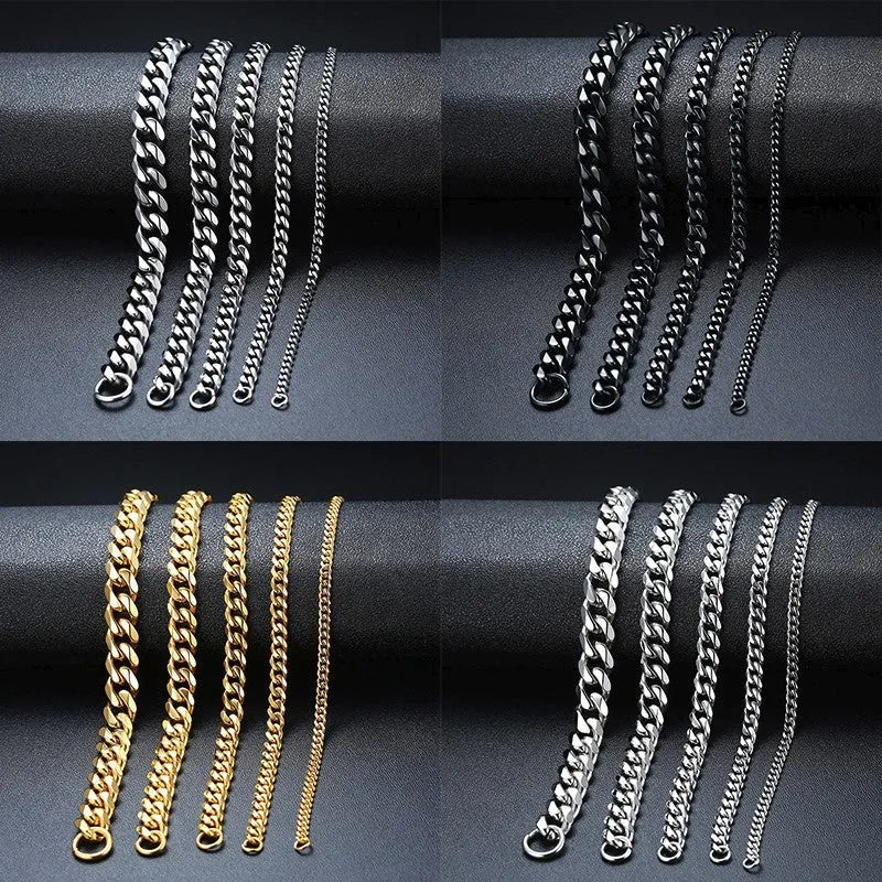 Gold six-sided geometric Cuban link metal bracelet on wrist, showing textured chain design.