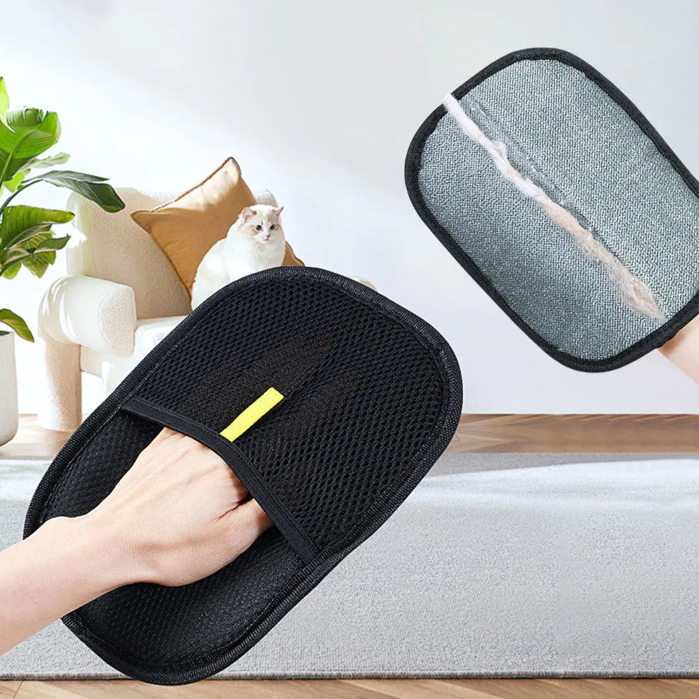 Black pet hair remover glove mitt with silicone bristles for dog cat rabbit grooming measuring 24x16cm