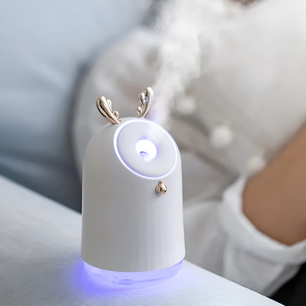 Humidifier table lamp with 250ml water container and 800mAh battery, φ80*80*145mm, shown in Blue, Grey, Pink, or White.