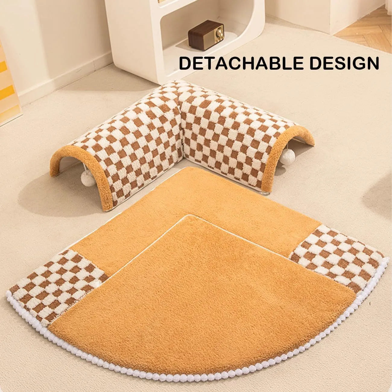 A plush fan-shaped dog and cat bed with an integrated tunnel, shown in a yellow plaid design.