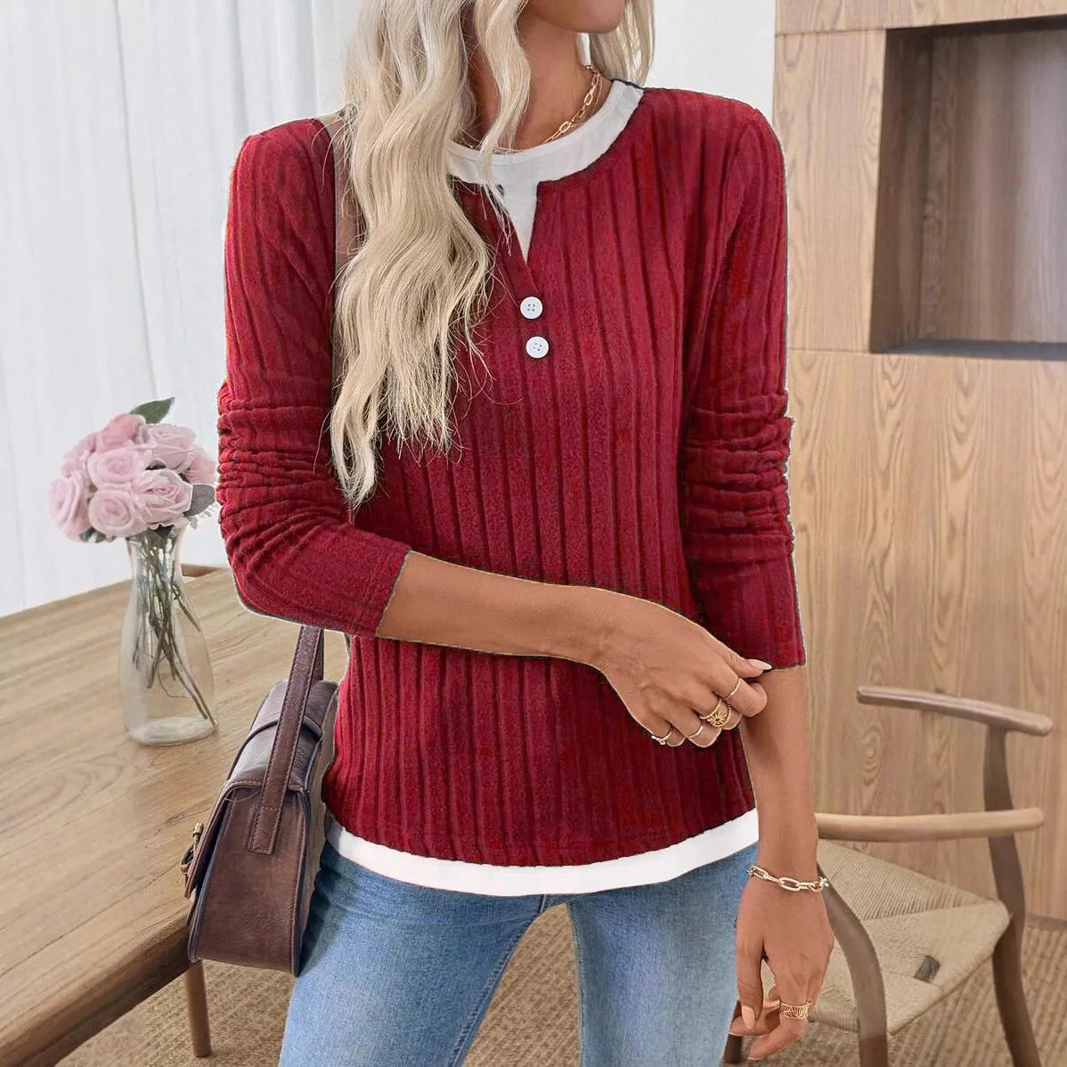 Women's fake two-piece pullover sweater with concave stripe polyester fabric and grinding texture pattern