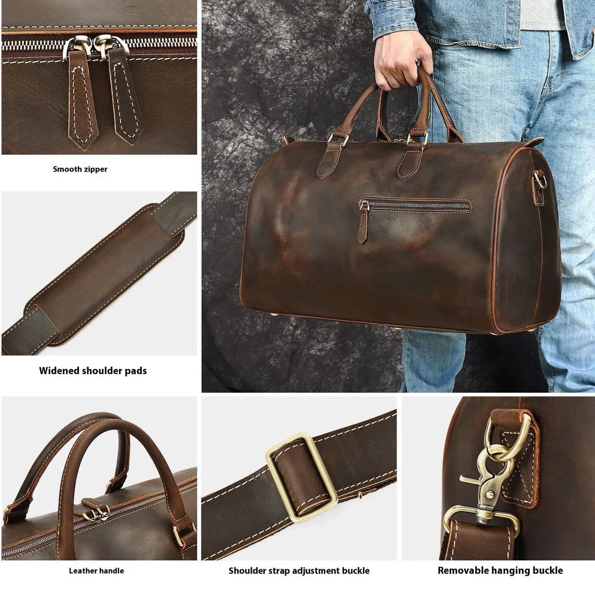 Men's brown leather crossbody bag with large main compartment showing textured cowhide exterior