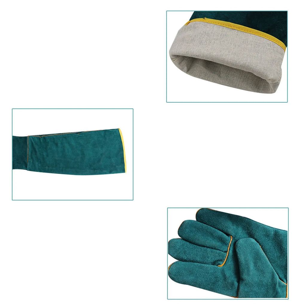 Dark green cowhide leather animal handling gloves with extended sleeve cuffs for bite protection.