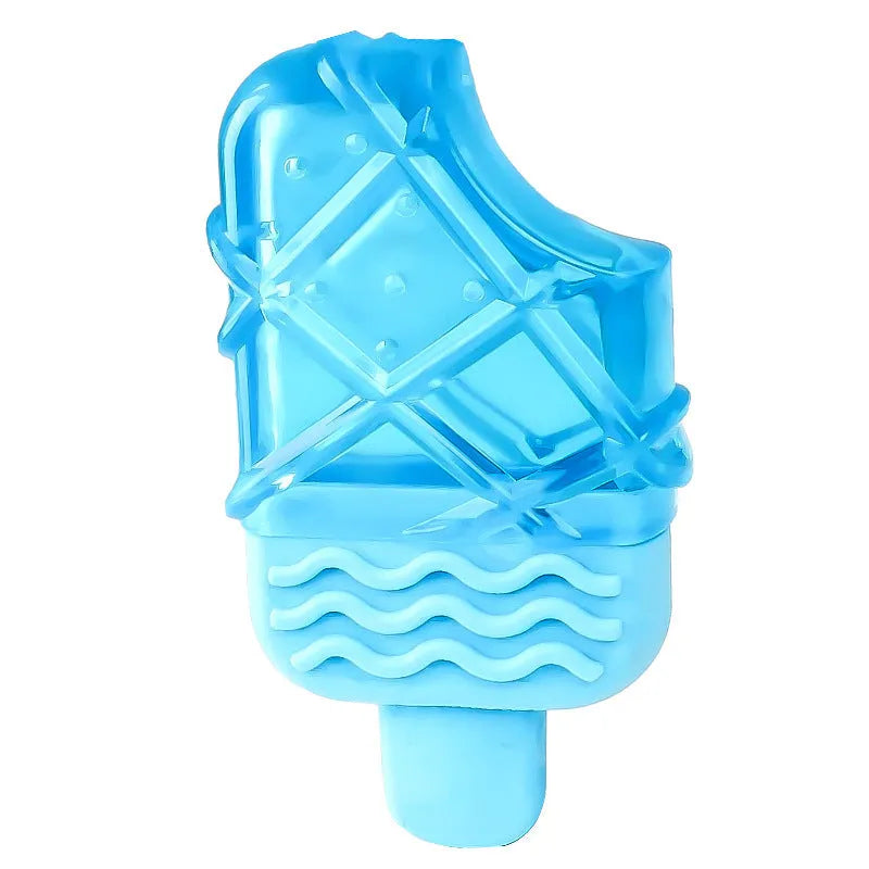Set of three silicone dog toys: a blue pacifier, a red popsicle, and a green ring for water filling and freezing.