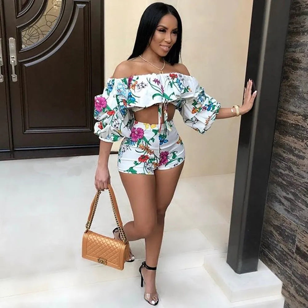 Women's two-piece outfit with digital printing pattern showing long sleeve top with pile sleeves and matching shorts