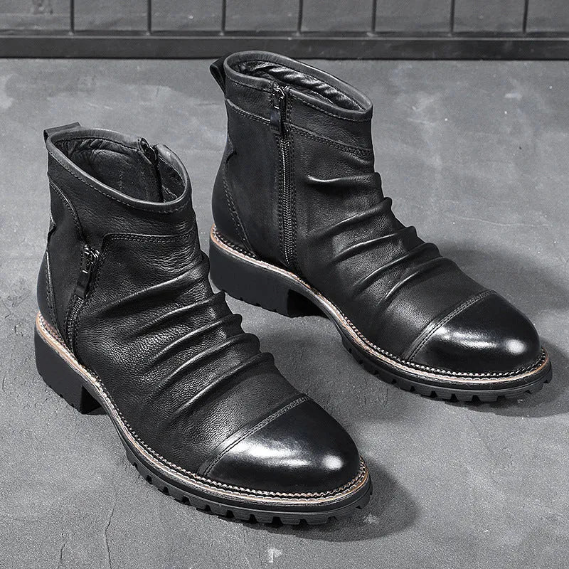 Black embossed PU cowboy boots with a side zipper and mid-height horseshoe heel on a plain background.