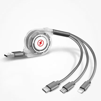 3 in 1 telescopic charging cable with 120 cm TPE cable and titanium alloy connectors in multiple colours