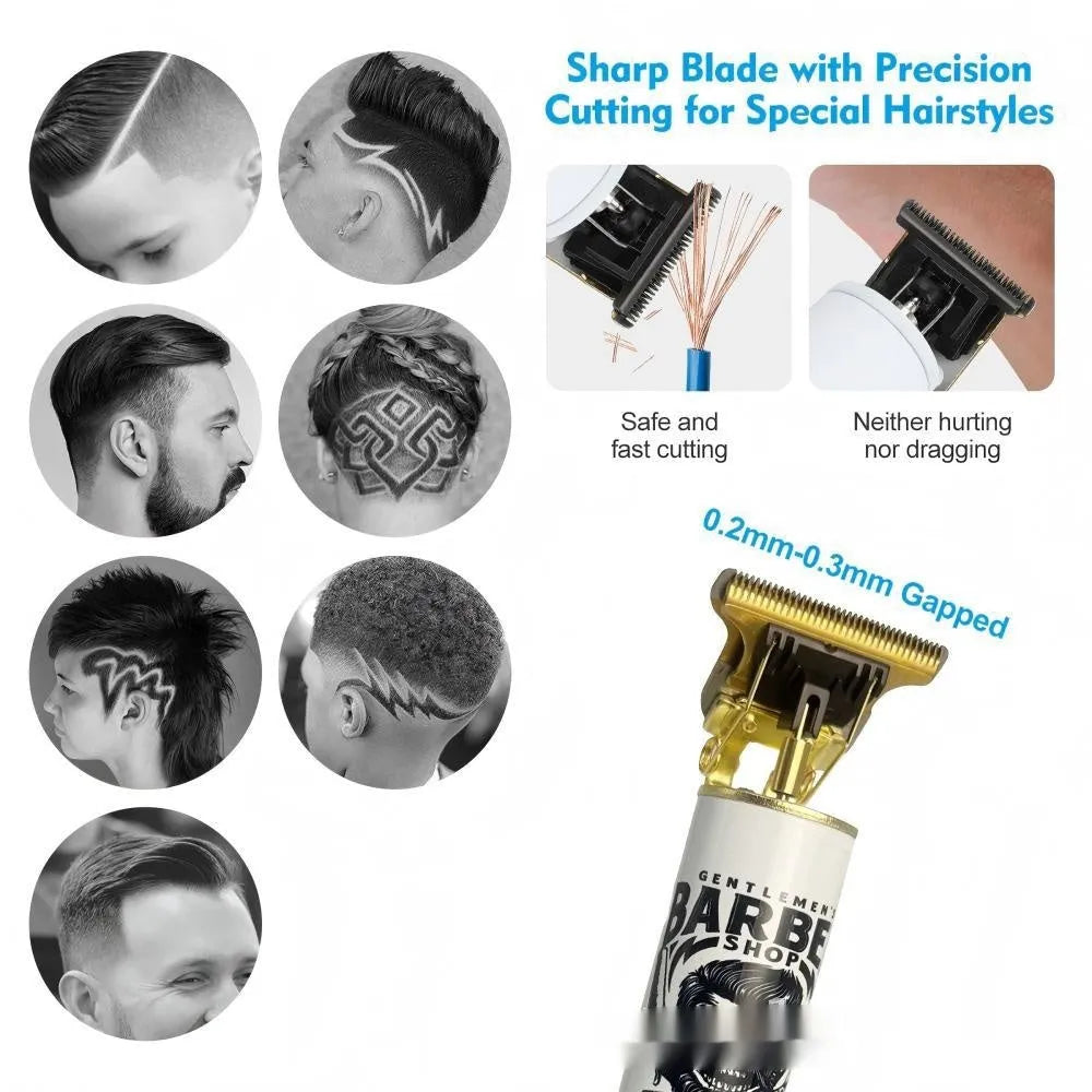 Rechargeable hair clipper with USB cable and set of four stainless steel cutter heads on a white background