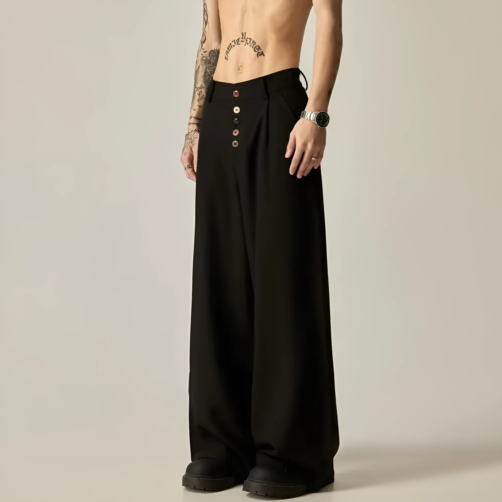 Men's straight leg casual trousers in black or brown with micro elasticity waist and cardigan button closure