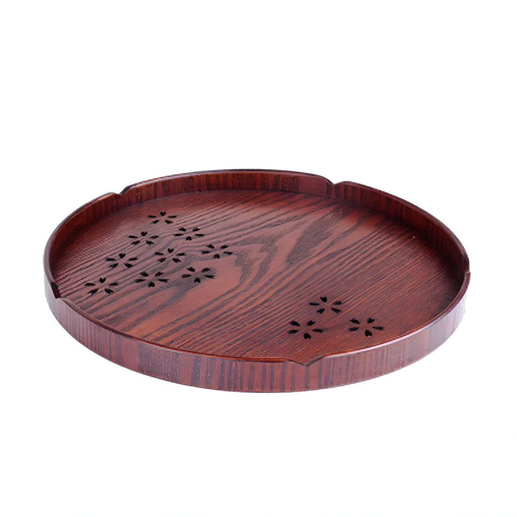 Wooden round plate with hollow cherry blossom pattern, 30 cm diameter.