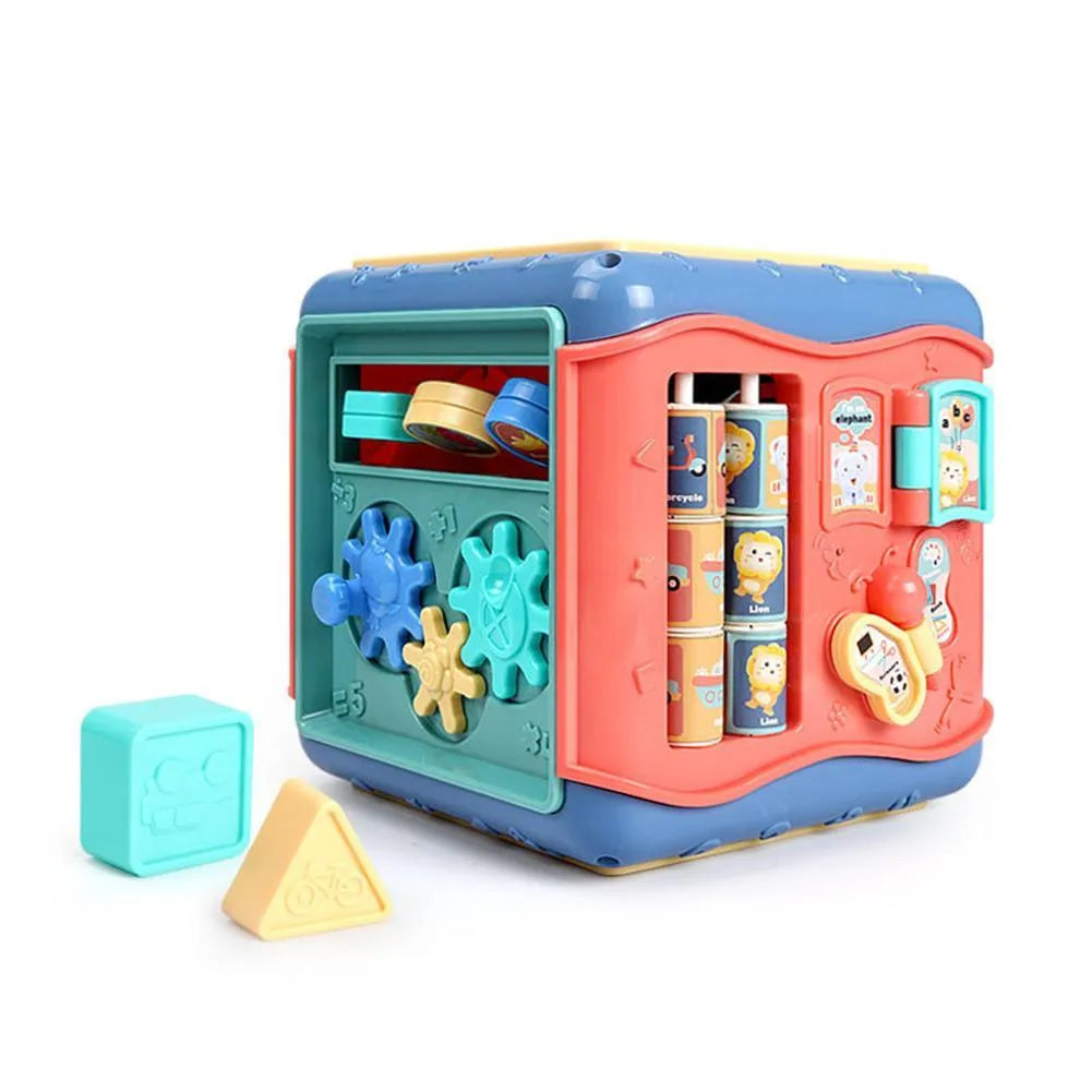 Baby hexahedron educational toy with six activity sides including bead maze and gear games
