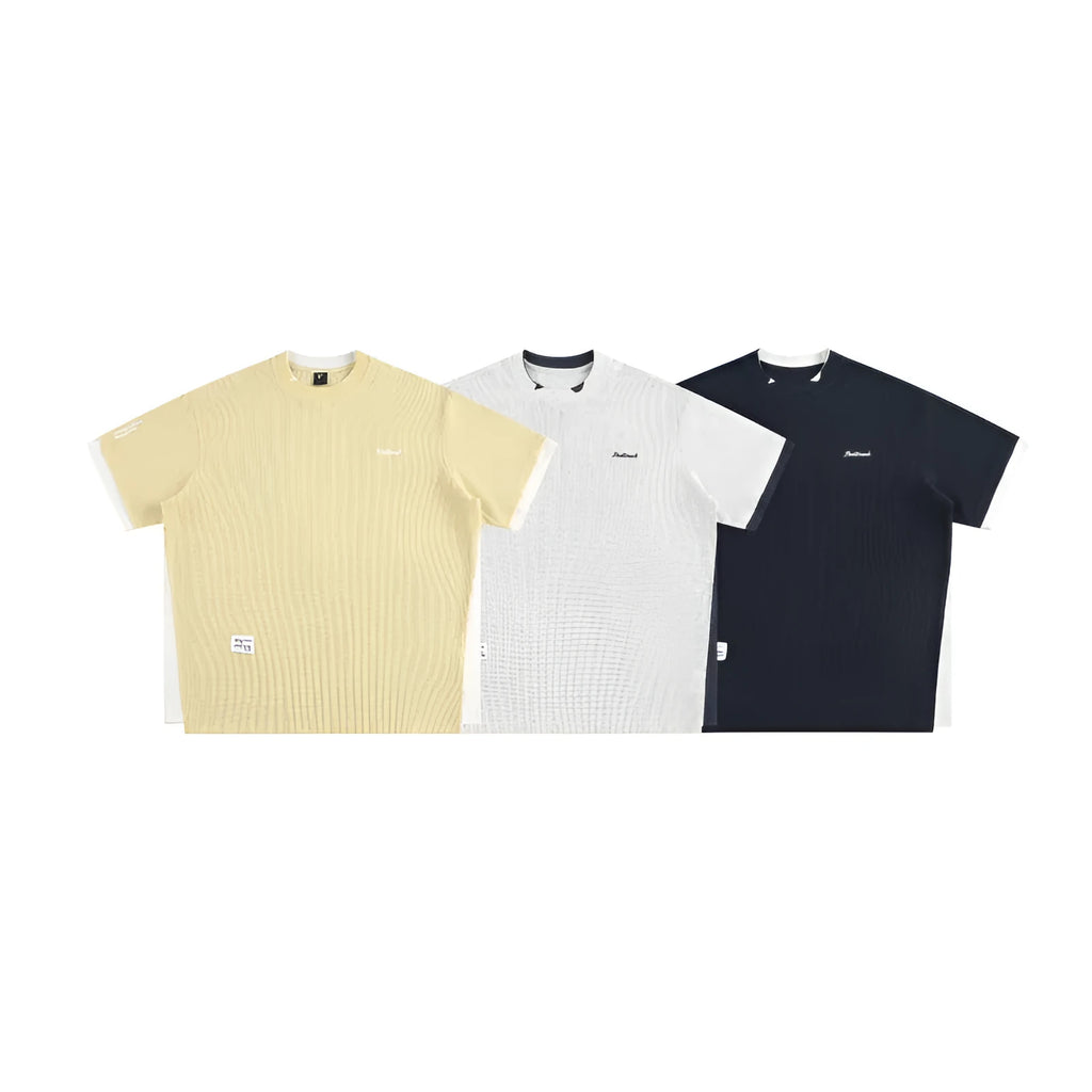 Retro alphabet embroidered waffle t-shirt in loose pullover style with short sleeves