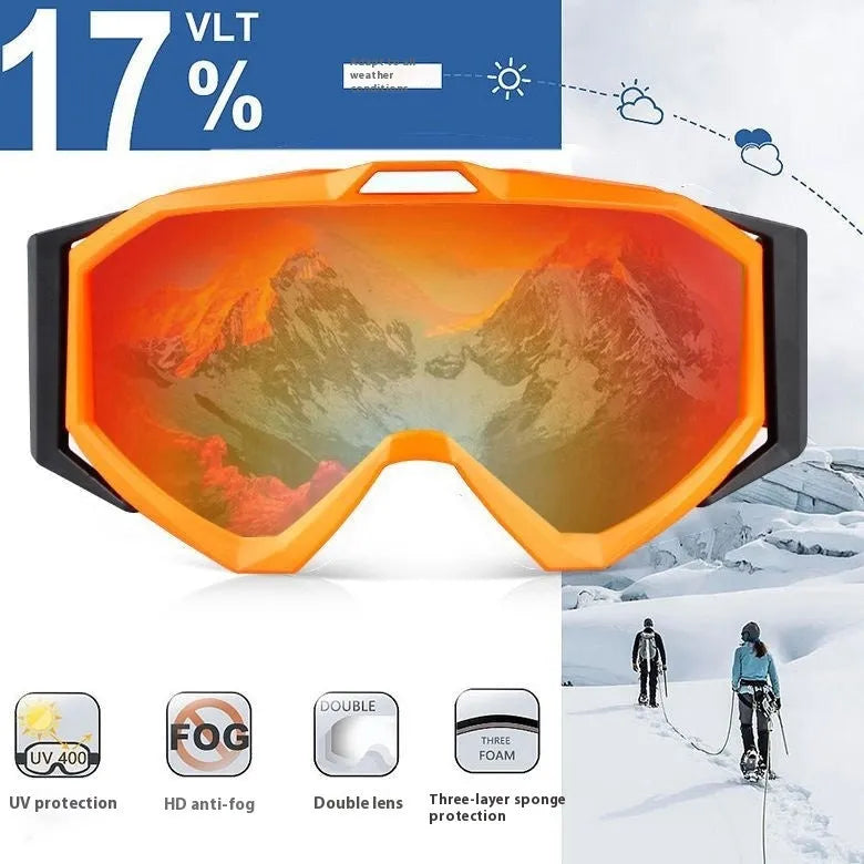 Double layer motorcycle goggles with TPU frame and anti-fog lens in black red blue or silver with storage bag