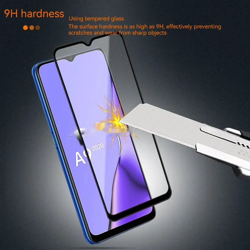 Full glue tempered glass screen protector for OPPO A9 2020 smartphone shown in black.