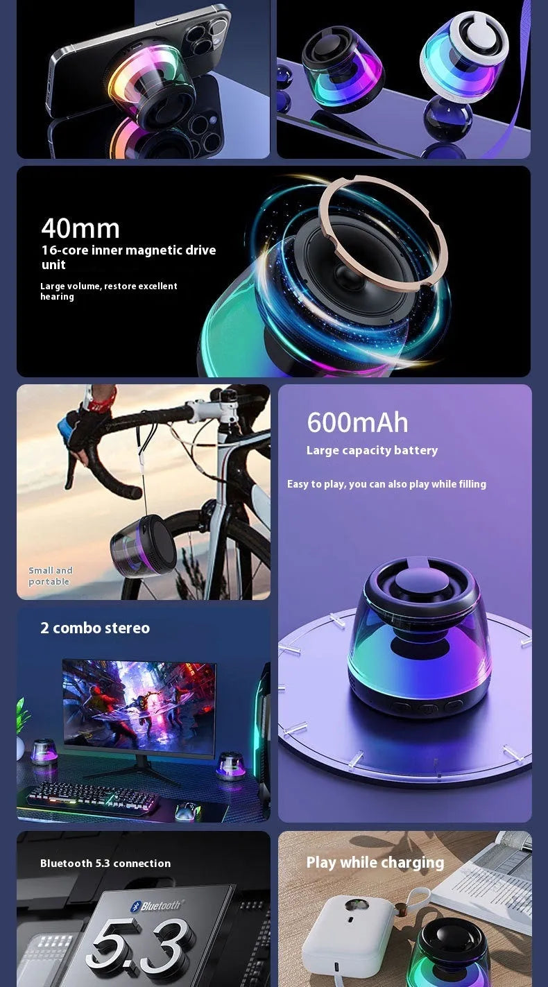 White portable Bluetooth speaker with magnetic base and ambient light on a metal surface.