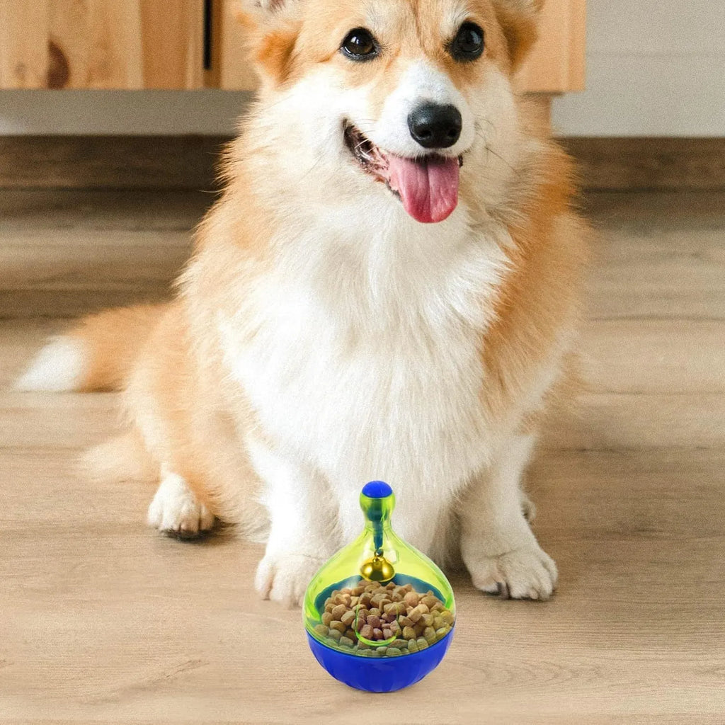Blue tumbler-shaped pet treat dispenser toy for interactive feeding