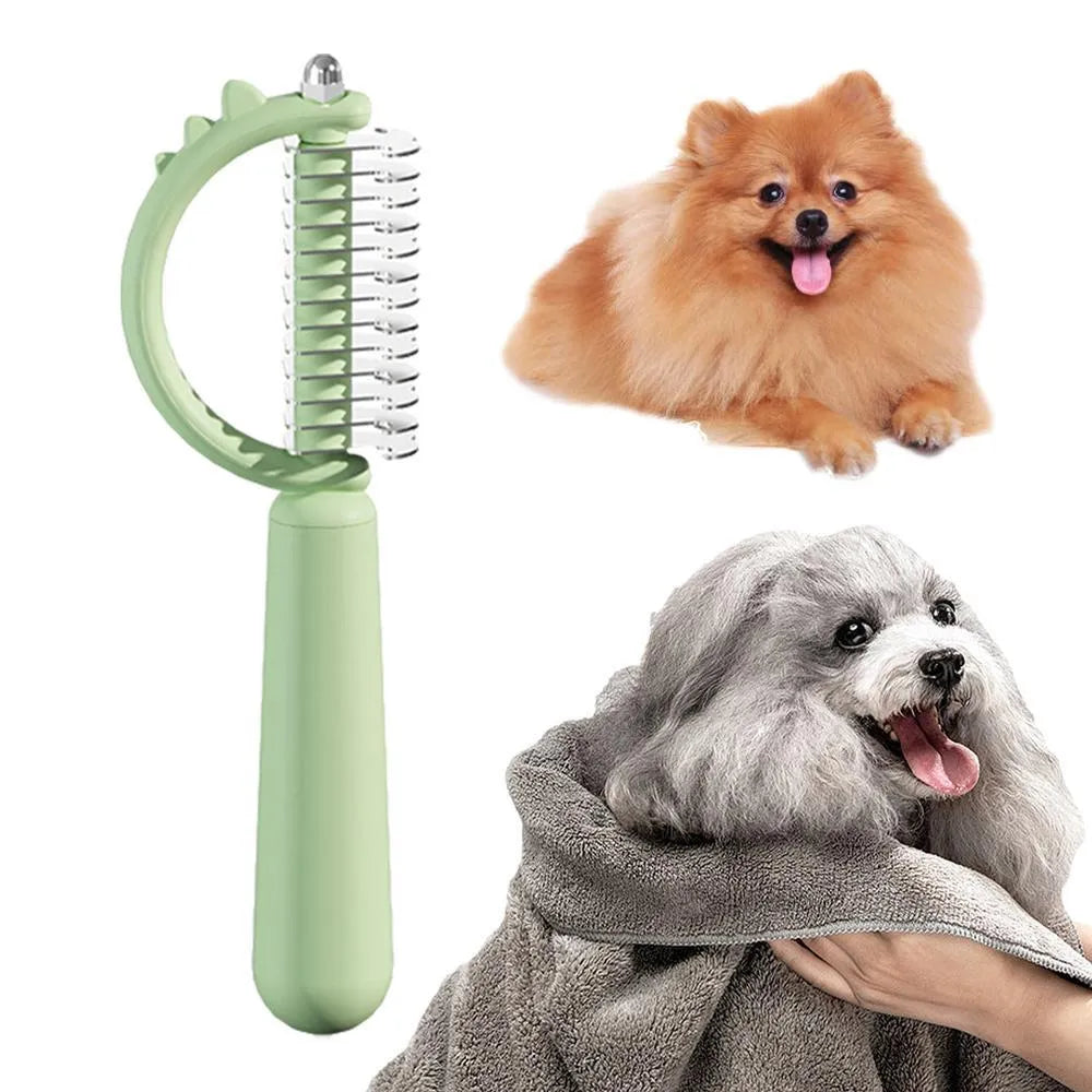 Blue dinosaur-shaped cat brush with self-cleaning button and stainless steel pins